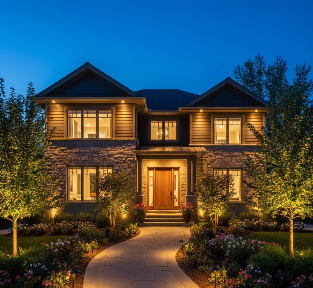 Home exterior with warm lighting